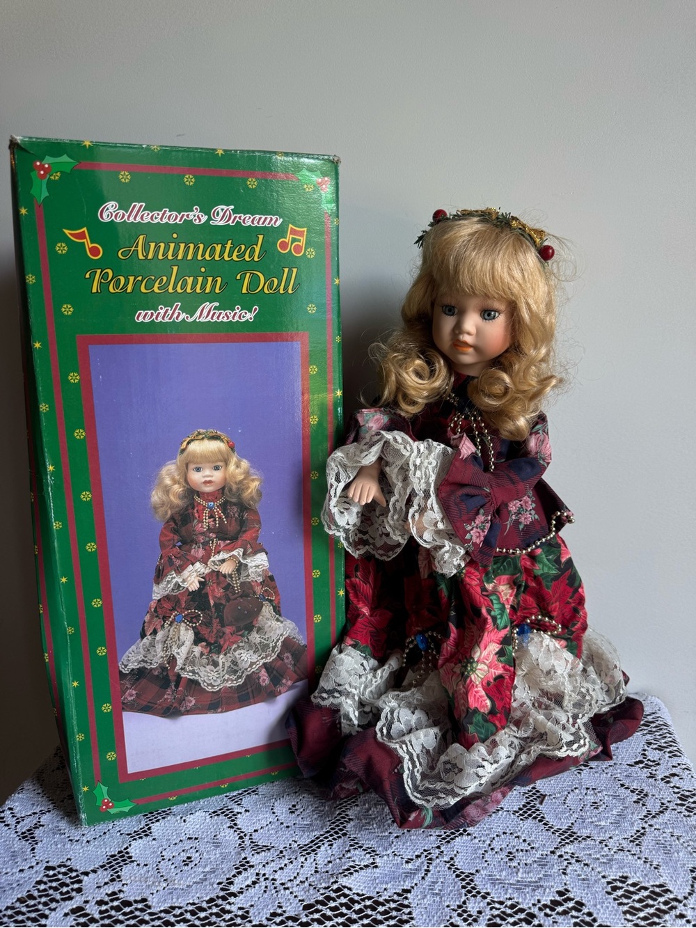 Vintage Collector’s Dream Animated Porcelain Music Doll Christmas in Box 16in